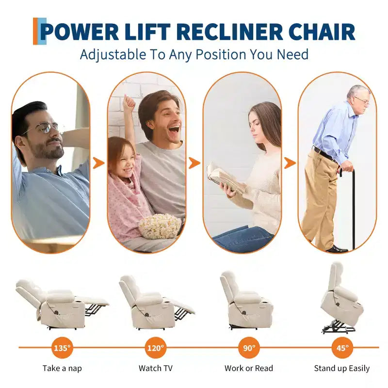 Fauteuil inclinable releveur pour personnes âgées, avec massage et chauffage, canapé simple pour salon, fauteuil d'appoint inclinable à 135°, 2 porte-gobelets et poches latérales