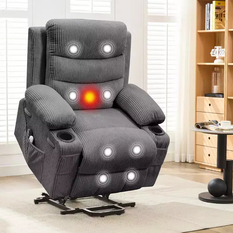 Fauteuil inclinable releveur pour personnes âgées, avec massage et chauffage, canapé simple pour salon, fauteuil d'appoint inclinable à 135°, 2 porte-gobelets et poches latérales