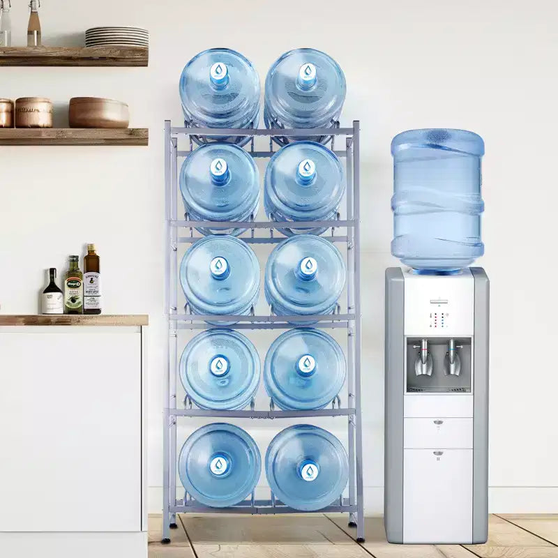 Support à bidons d'eau à 5 niveaux et double rangée pour 10 bouteilles, 3-5 gallons, en fonte robuste, capacité de 190 kg, gris argenté