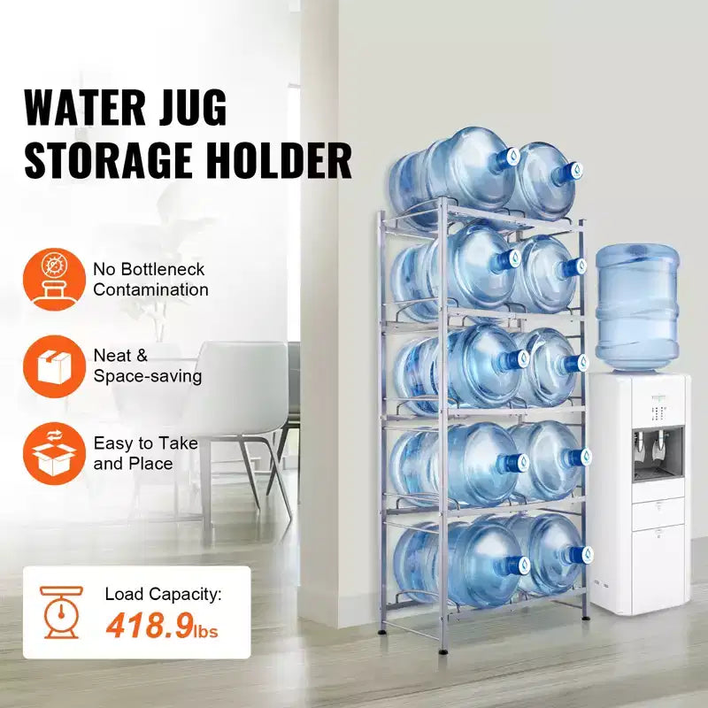 Support à bidons d'eau à 5 niveaux et double rangée pour 10 bouteilles, 3-5 gallons, en fonte robuste, capacité de 190 kg, gris argenté
