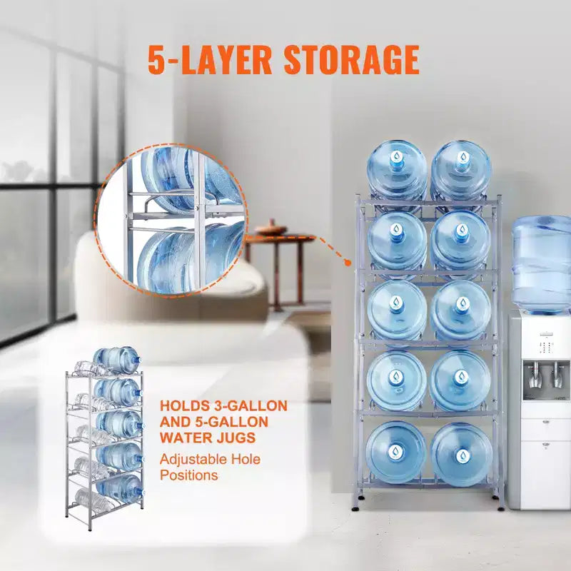Support à bidons d'eau à 5 niveaux et double rangée pour 10 bouteilles, 3-5 gallons, en fonte robuste, capacité de 190 kg, gris argenté