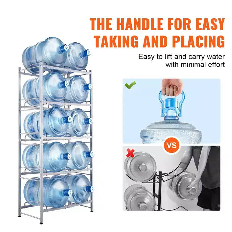 Support à bidons d'eau à 5 niveaux et double rangée pour 10 bouteilles, 3-5 gallons, en fonte robuste, capacité de 190 kg, gris argenté