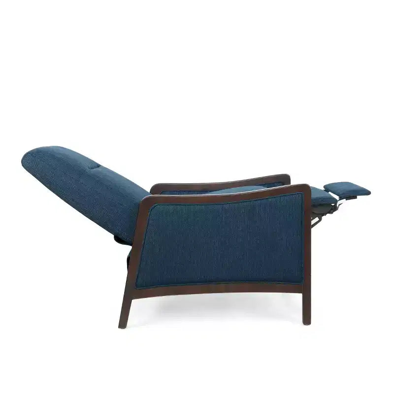 Fauteuil inclinable contemporain en tissu avec mécanisme de poussée, cadre en bois de bouleau, style mi-siècle