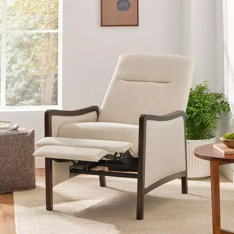 Fauteuil inclinable contemporain en tissu avec mécanisme de poussée, cadre en bois de bouleau, style mi-siècle