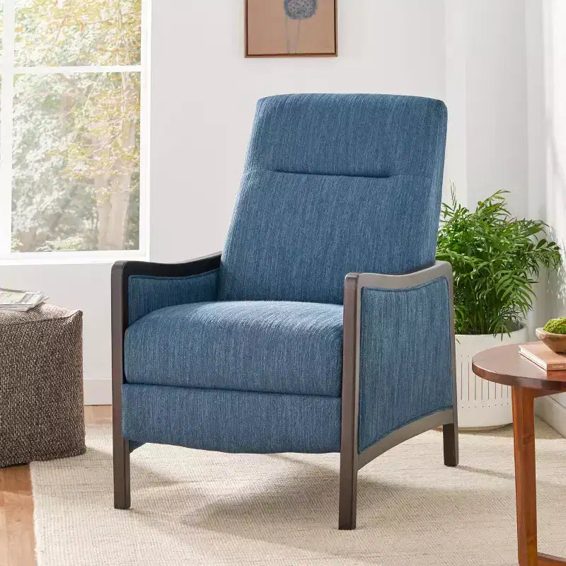 Fauteuil inclinable contemporain en tissu avec mécanisme de poussée, cadre en bois de bouleau, style mi-siècle