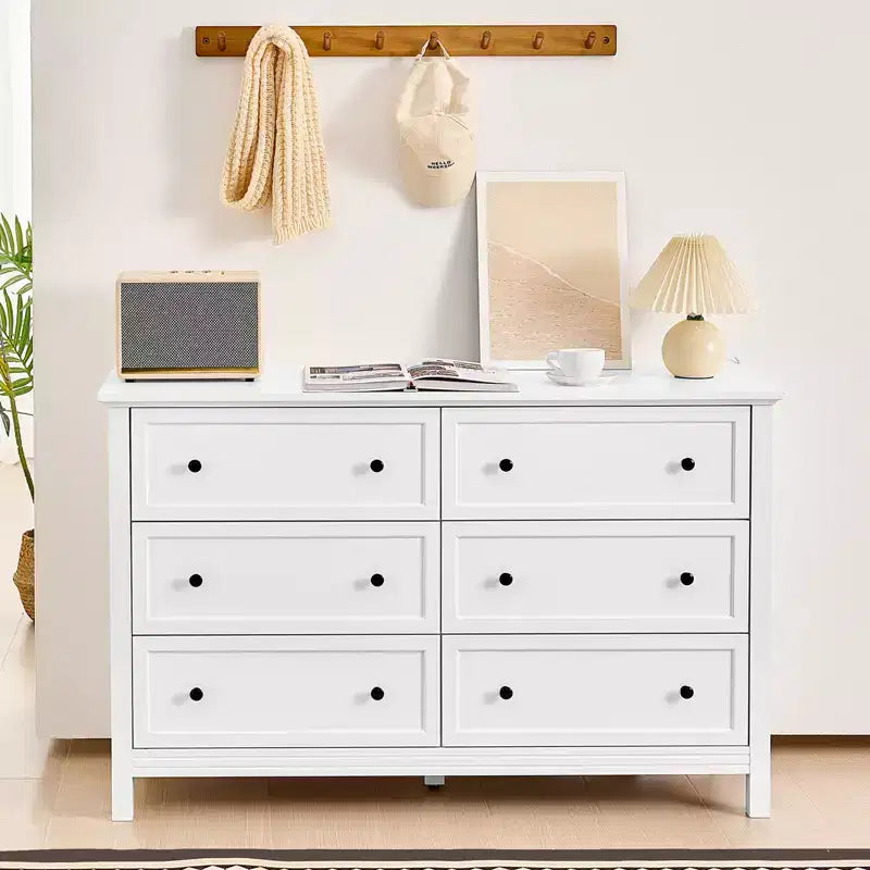 Commode en bois à 6 tiroirs avec dispositif anti-basculement, commode et meuble TV rétro minimaliste, blanc