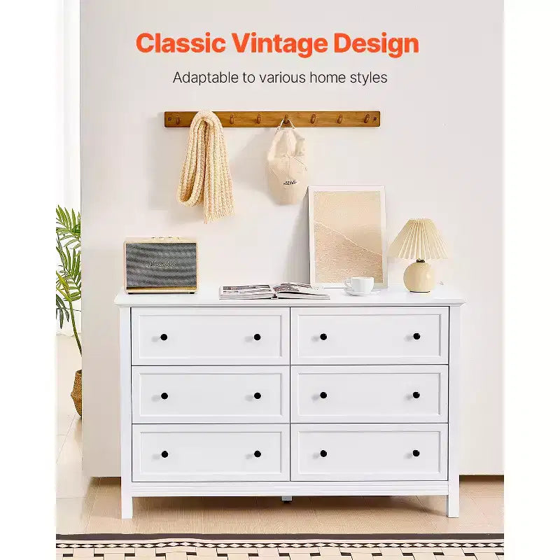 Commode en bois à 6 tiroirs avec dispositif anti-basculement, commode et meuble TV rétro minimaliste, blanc