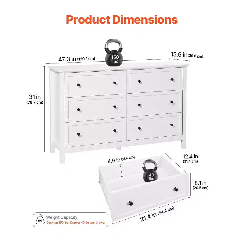 Commode en bois à 6 tiroirs avec dispositif anti-basculement, commode et meuble TV rétro minimaliste, blanc