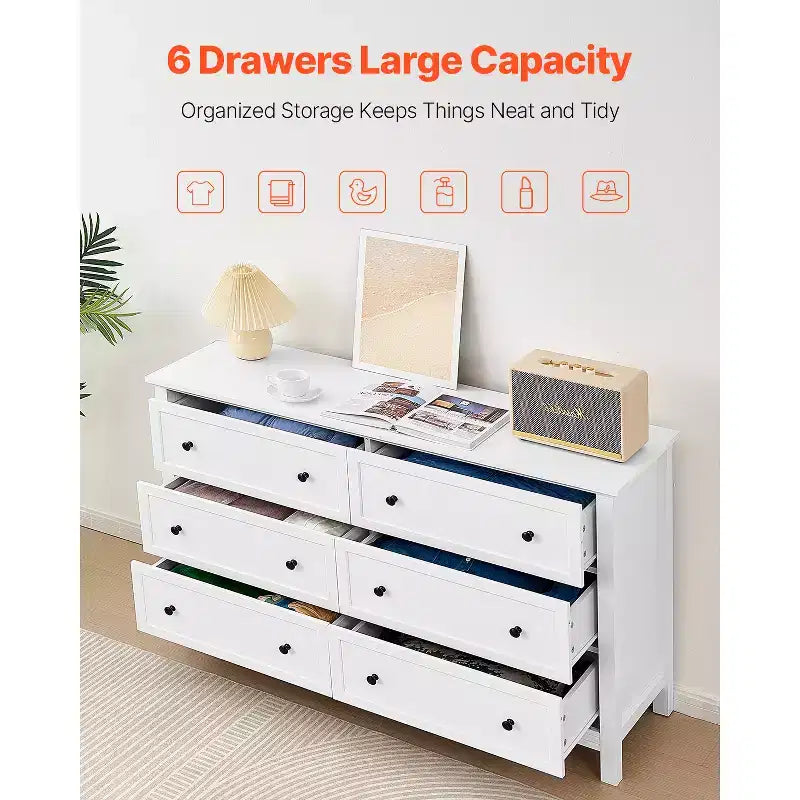 Commode en bois à 6 tiroirs avec dispositif anti-basculement, commode et meuble TV rétro minimaliste, blanc