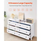 Commode en bois à 6 tiroirs avec dispositif anti-basculement, commode et meuble TV rétro minimaliste, blanc