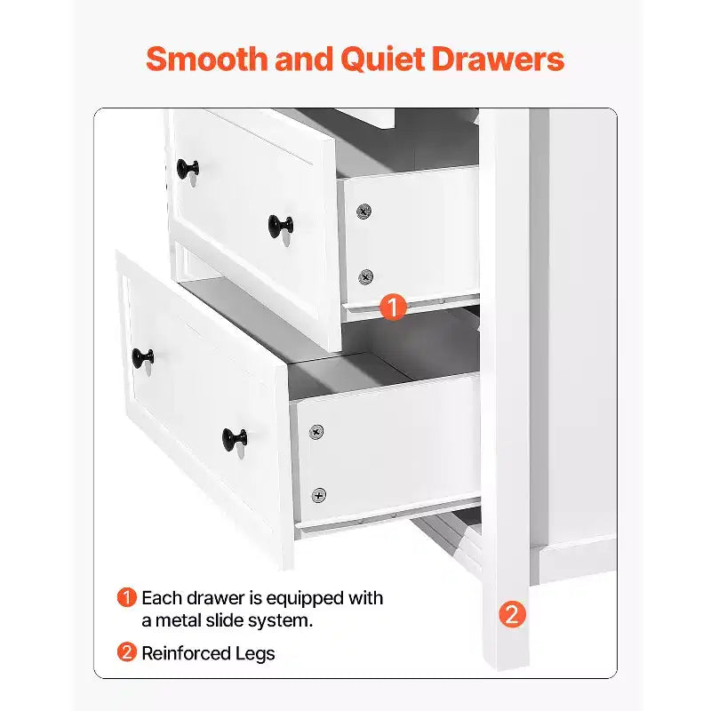Commode en bois à 6 tiroirs avec dispositif anti-basculement, commode et meuble TV rétro minimaliste, blanc