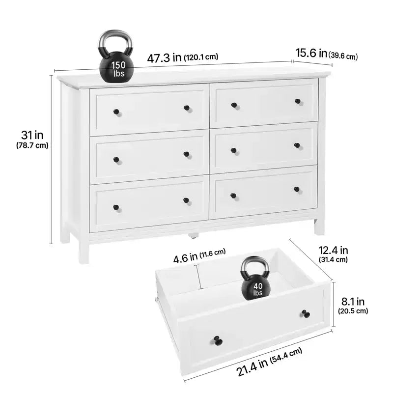Commode en bois à 6 tiroirs avec dispositif anti-basculement, commode et meuble TV rétro minimaliste, blanc