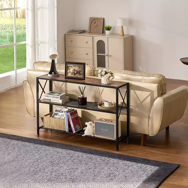 Table console étroite de 105,9 cm, table d'entrée et de couloir à 3 niveaux, cadre en métal, plateau en MDF, noir