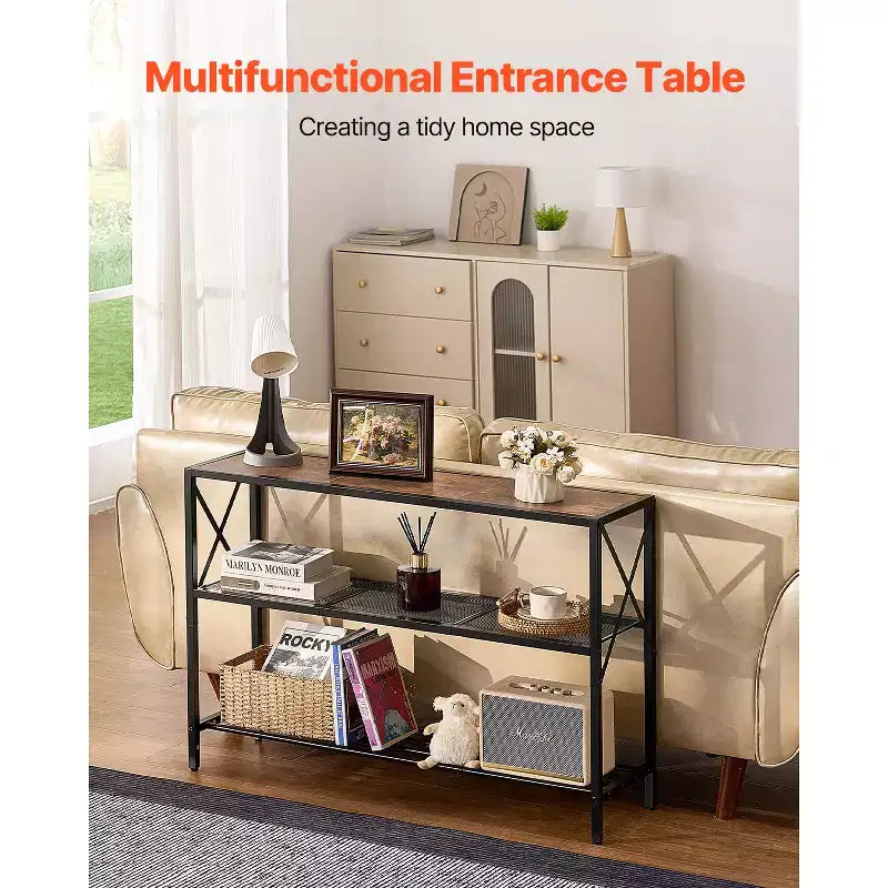 Table console étroite de 105,9 cm, table d'entrée et de couloir à 3 niveaux, cadre en métal, plateau en MDF, noir