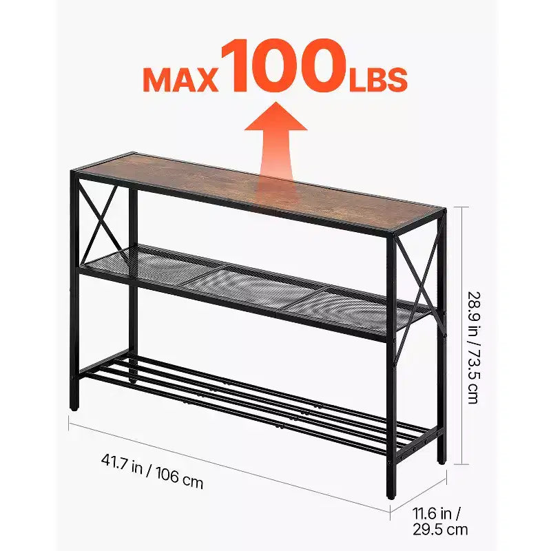 Table console étroite de 105,9 cm, table d'entrée et de couloir à 3 niveaux, cadre en métal, plateau en MDF, noir