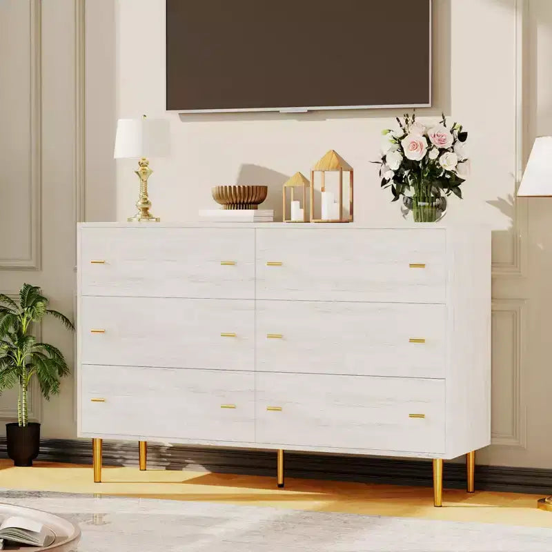 Commode de chambre à 6 tiroirs, 120 cm de large, en bois rustique avec poignées de bar, design vintage
