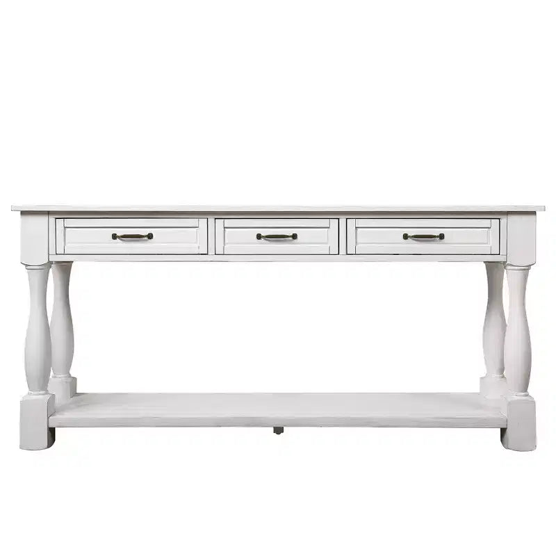Table console de 160 cm de style Mid-Century avec 3 tiroirs et étagère ouverte, cadre en pin massif, plateau en MDF, 100 kg
