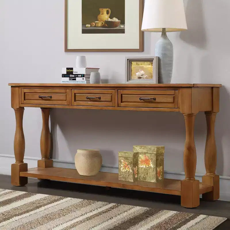 Table console de 160 cm de style Mid-Century avec 3 tiroirs et étagère ouverte, cadre en pin massif, plateau en MDF, 100 kg