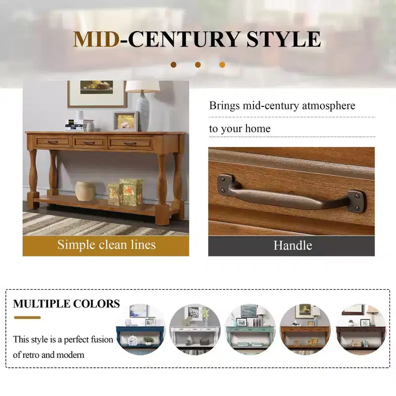 Table console de 160 cm de style Mid-Century avec 3 tiroirs et étagère ouverte, cadre en pin massif, plateau en MDF, 100 kg