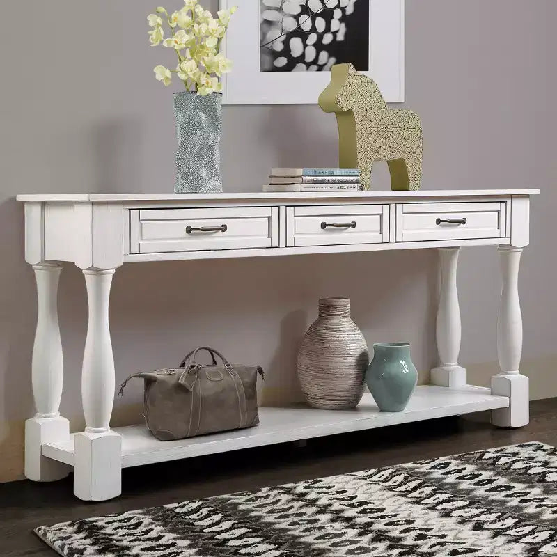 Table console de 160 cm de style Mid-Century avec 3 tiroirs et étagère ouverte, cadre en pin massif, plateau en MDF, 100 kg
