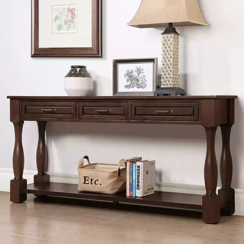 Table console de 160 cm de style Mid-Century avec 3 tiroirs et étagère ouverte, cadre en pin massif, plateau en MDF, 100 kg