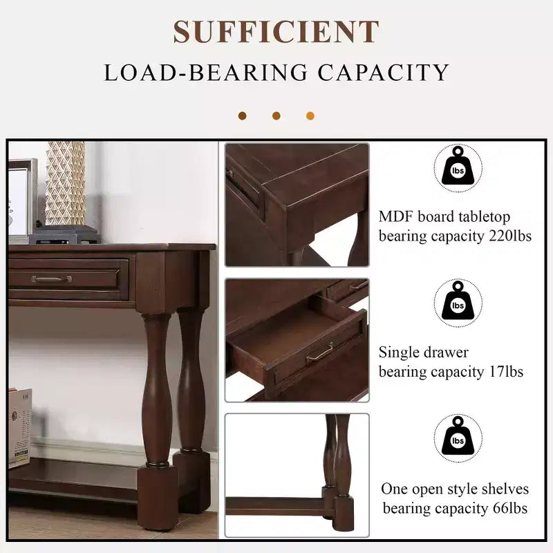 Table console de 160 cm de style Mid-Century avec 3 tiroirs et étagère ouverte, cadre en pin massif, plateau en MDF, 100 kg