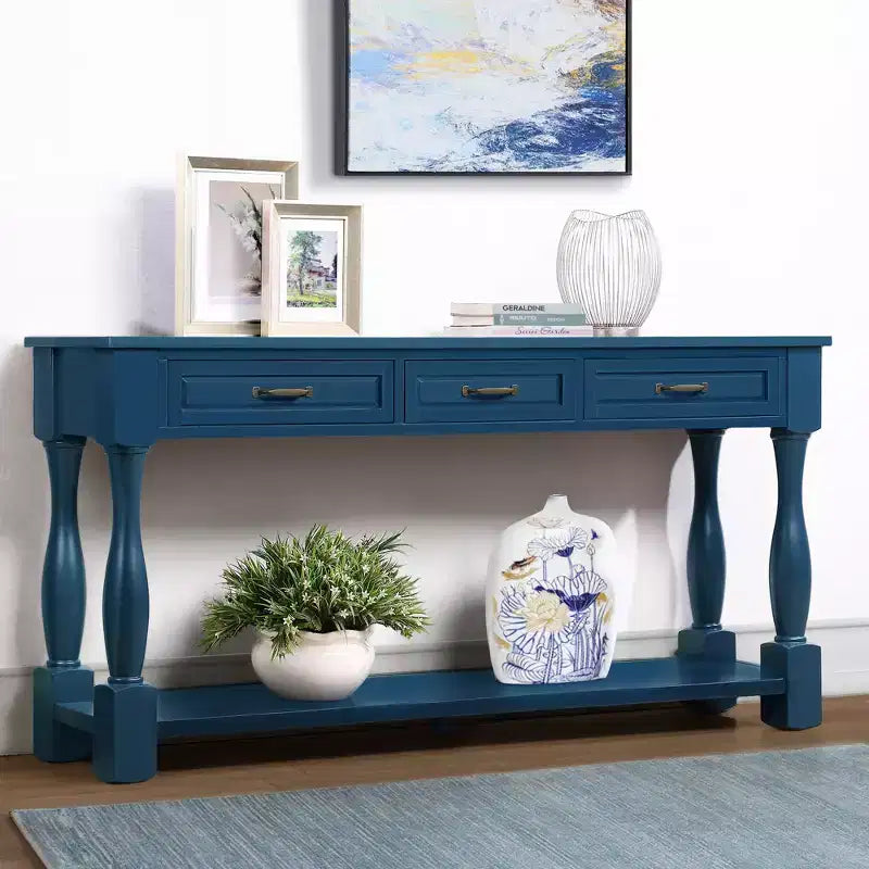 Table console de 160 cm de style Mid-Century avec 3 tiroirs et étagère ouverte, cadre en pin massif, plateau en MDF, 100 kg