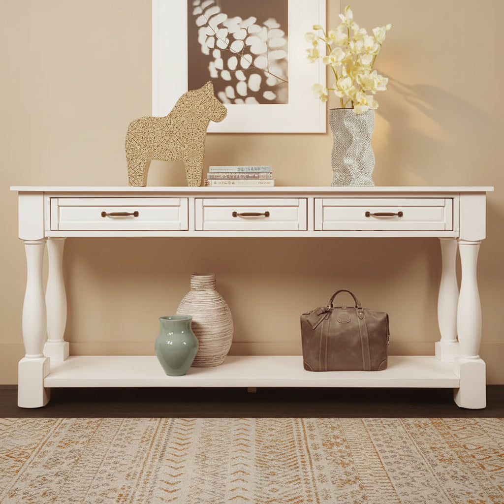 GDFStudio Barnsley Mid-Century Solid Wood Console Table with 3 Drawers and Open Shelf