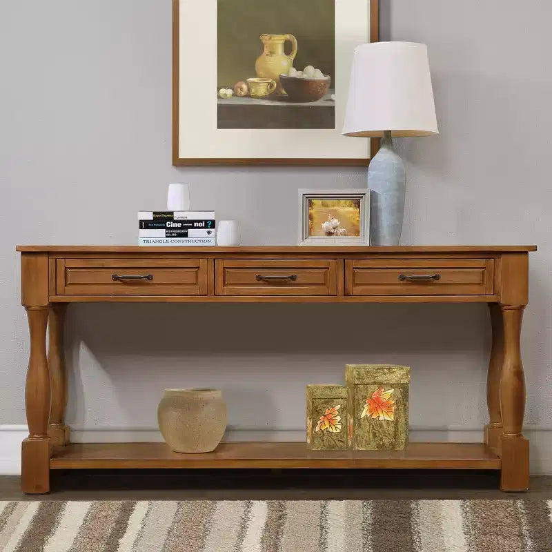 Table console de 160 cm de style Mid-Century avec 3 tiroirs et étagère ouverte, cadre en pin massif, plateau en MDF, 100 kg