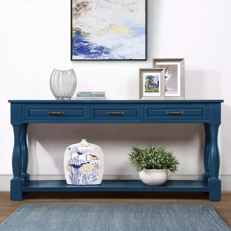 Table console de 160 cm de style Mid-Century avec 3 tiroirs et étagère ouverte, cadre en pin massif, plateau en MDF, 100 kg