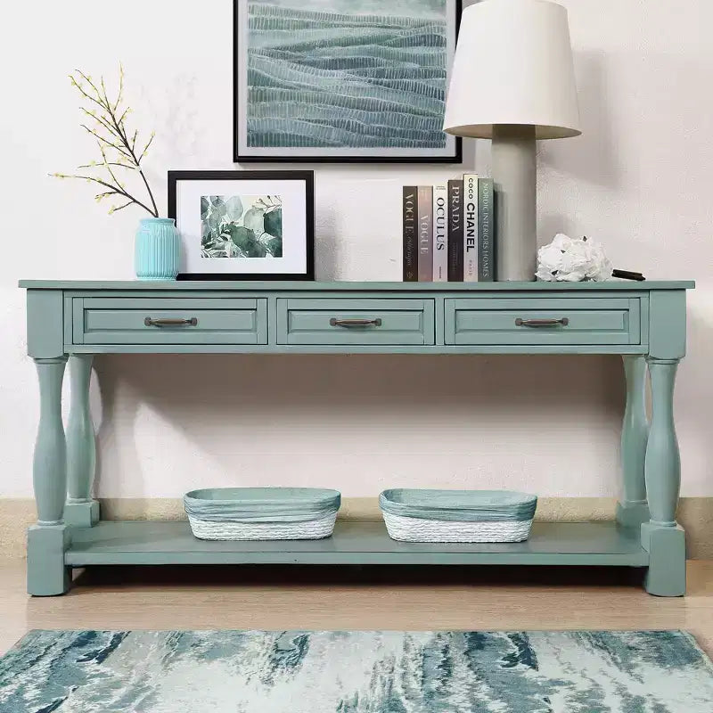 Table console de 160 cm de style Mid-Century avec 3 tiroirs et étagère ouverte, cadre en pin massif, plateau en MDF, 100 kg