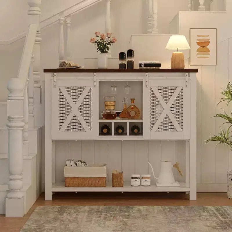 Wine Bar Cabinet with Sliding Barn Door, Rustic Kitchen Buffet Sideboard with Wine Rack & Glass Holder, Storage Liquor Cabinet for Dining Room, White