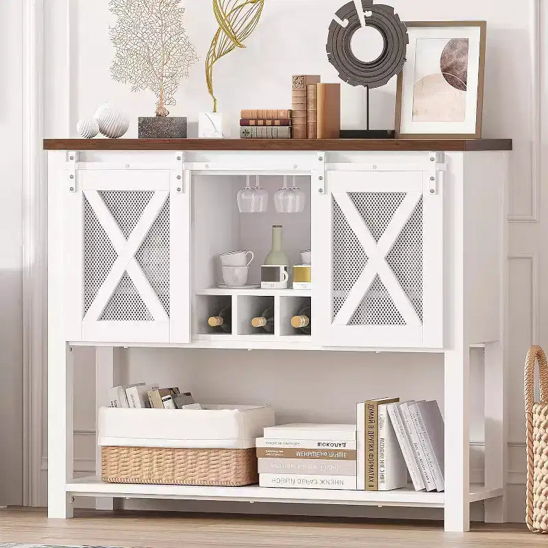 Meuble bar à vin avec porte coulissante de style grange, buffet de cuisine rustique avec porte-bouteilles et porte-verres, meuble de rangement pour spiritueux pour salle à manger, blanc