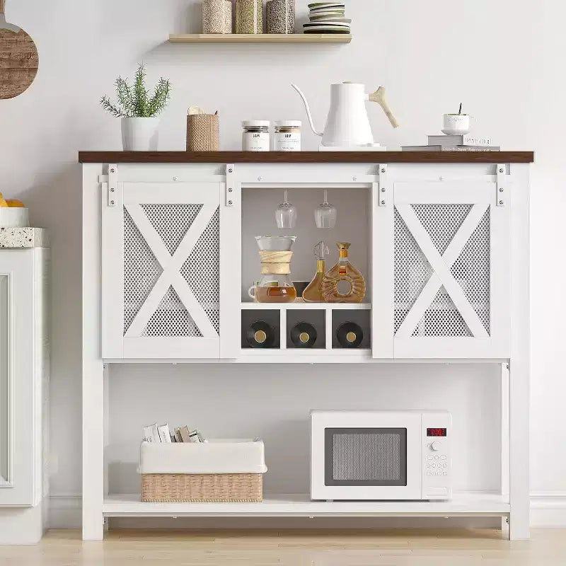 Meuble bar à vin avec porte coulissante de style grange, buffet de cuisine rustique avec porte-bouteilles et porte-verres, meuble de rangement pour spiritueux pour salle à manger, blanc