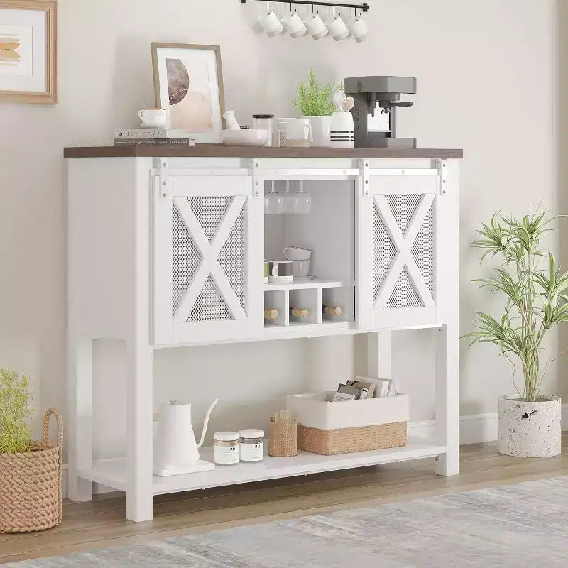 Meuble bar à vin avec porte coulissante de style grange, buffet de cuisine rustique avec porte-bouteilles et porte-verres, meuble de rangement pour spiritueux pour salle à manger, blanc