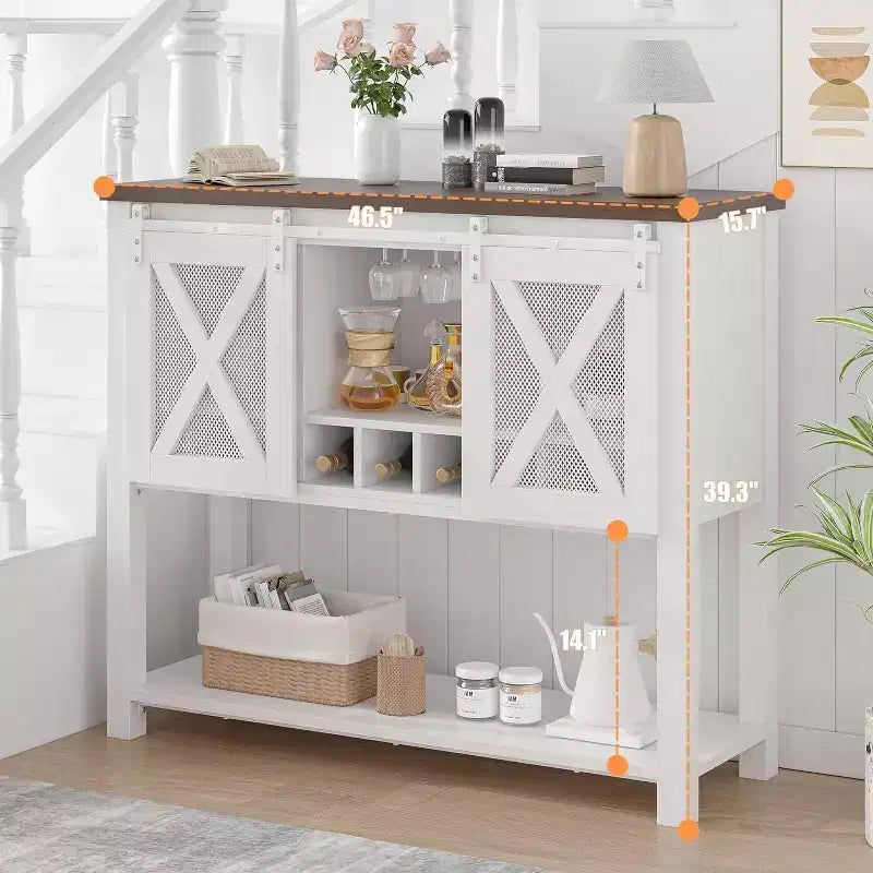 Meuble bar à vin avec porte coulissante de style grange, buffet de cuisine rustique avec porte-bouteilles et porte-verres, meuble de rangement pour spiritueux pour salle à manger, blanc