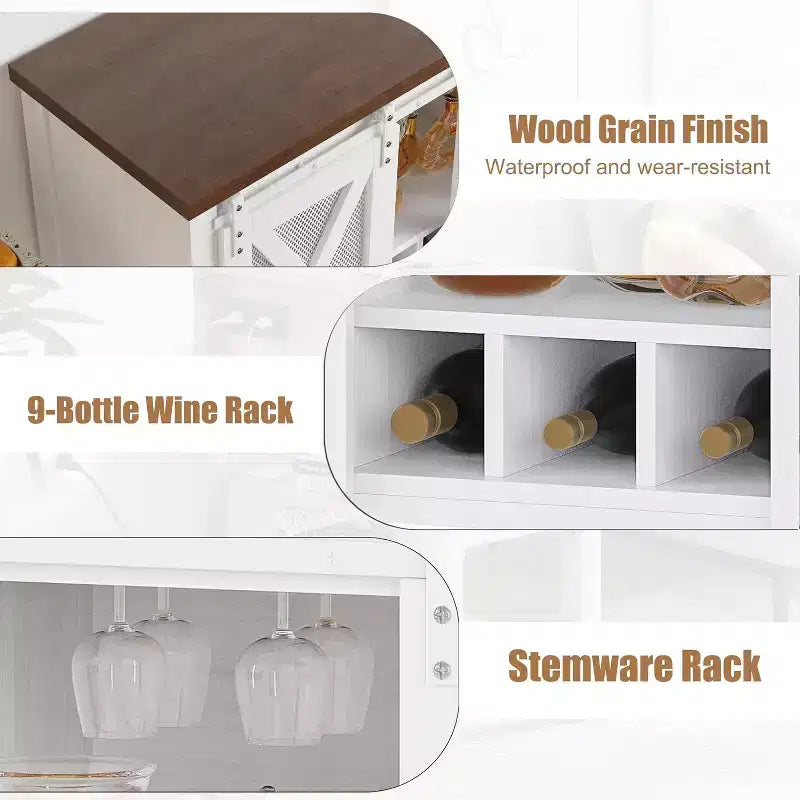 Meuble bar à vin avec porte coulissante de style grange, buffet de cuisine rustique avec porte-bouteilles et porte-verres, meuble de rangement pour spiritueux pour salle à manger, blanc