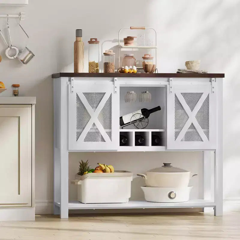 Meuble bar à vin avec porte coulissante de style grange, buffet de cuisine rustique avec porte-bouteilles et porte-verres, meuble de rangement pour spiritueux pour salle à manger, blanc