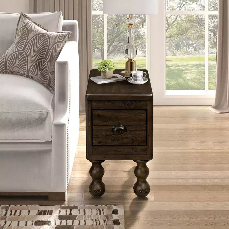 Table d'appoint rustique en pin massif avec tiroir de rangement, plateau en placage de chêne, finition expresso, 80 kg