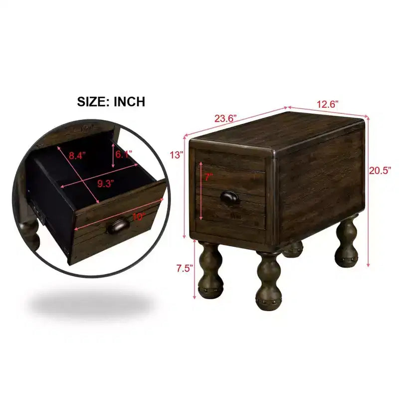 Table d'appoint rustique en pin massif avec tiroir de rangement, plateau en placage de chêne, finition expresso, 80 kg