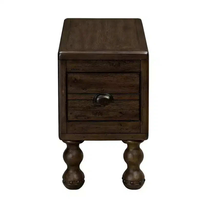 Table d'appoint rustique en pin massif avec tiroir de rangement, plateau en placage de chêne, finition expresso, 80 kg