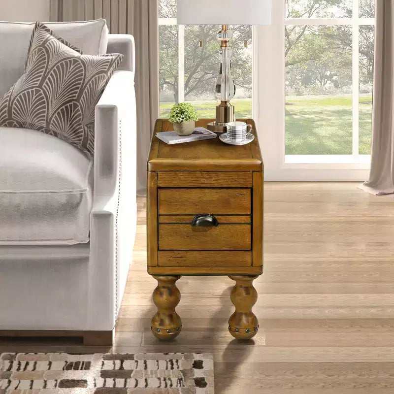 Table d'appoint rustique en pin massif avec tiroir de rangement, plateau en placage de chêne, finition expresso, 80 kg