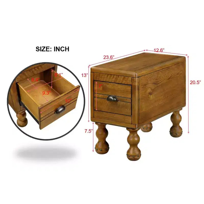 Table d'appoint rustique en pin massif avec tiroir de rangement, plateau en placage de chêne, finition expresso, 80 kg