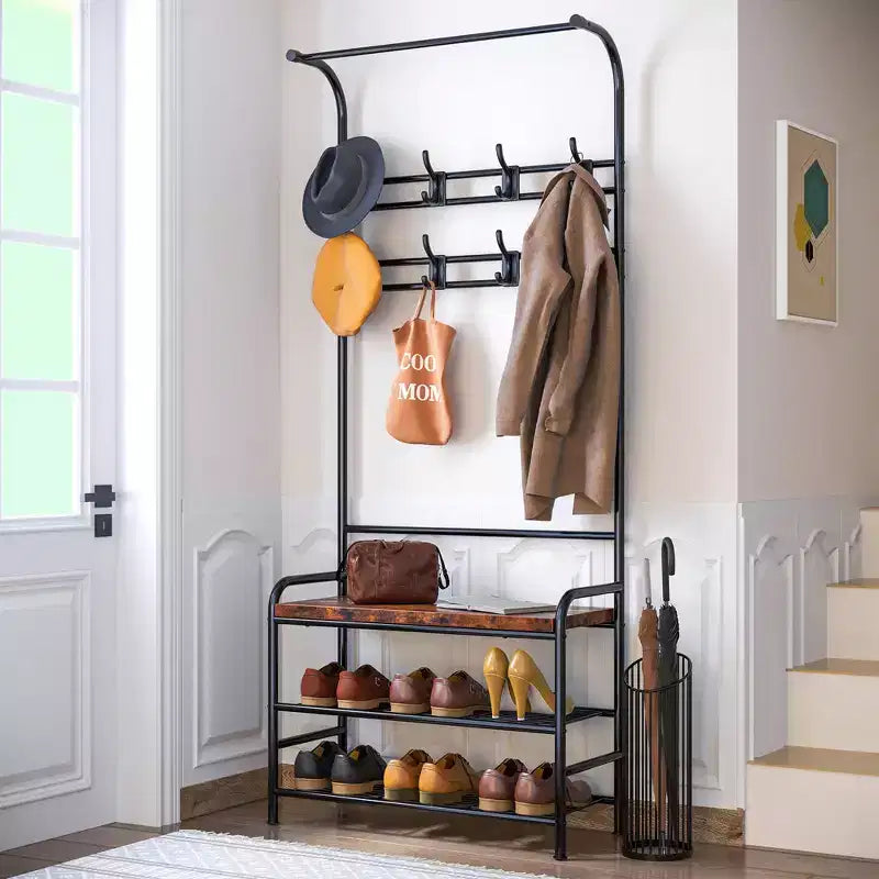 Porte-manteau d'entrée étroit 4-en-1 avec banc à chaussures, étagères et patères (8 crochets), barre de suspension
