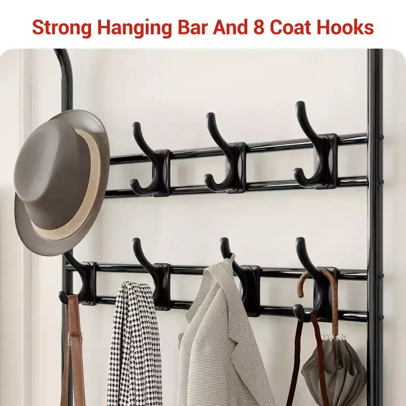 Porte-manteau d'entrée étroit 4-en-1 avec banc à chaussures, étagères et patères (8 crochets), barre de suspension
