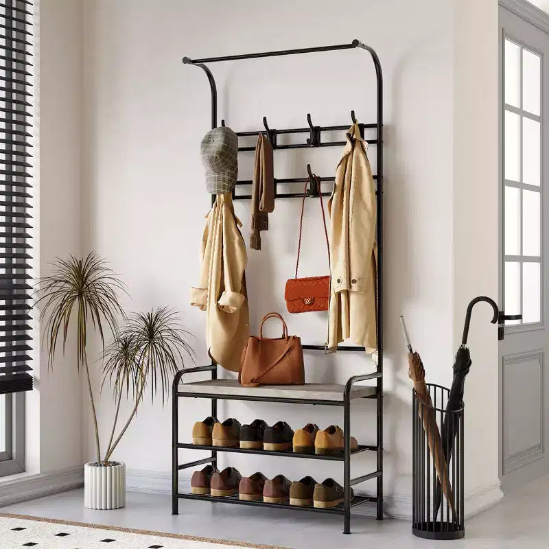 Narrow Entryway 4-in-1 Hall Tree with Shoe Storage Bench, Coat Rack Shelves with 8 Hooks, Hanging Bar