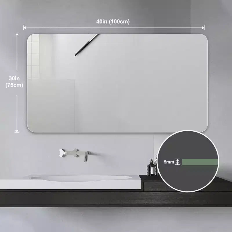 Miroir mural de salle de bain sans cadre 40"x30", verre anti-déflagrant 5mm, coins arrondis, montage double orientation