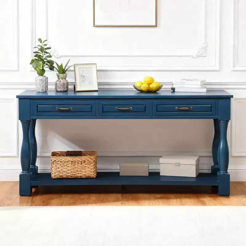 Hostack 63'' Long Wood Console Table with 3 Drawers and 1 Bottom Shelf for Entryway and Hallway, Navy Blue