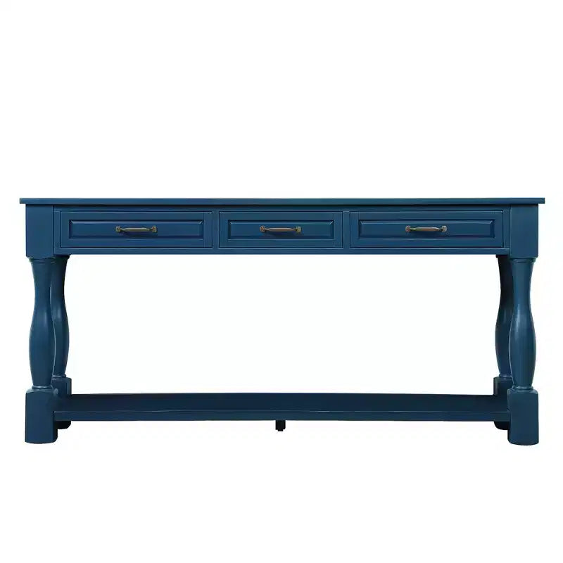 Console de 160 cm de style Mid-Century avec 3 tiroirs et étagère inférieure, structure en pin massif, bleu marine, 100 kg