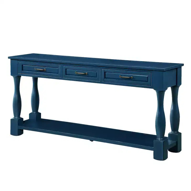 Console de 160 cm de style Mid-Century avec 3 tiroirs et étagère inférieure, structure en pin massif, bleu marine, 100 kg